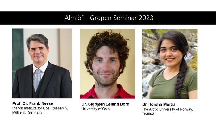 Photo of the scientists Prof. Dr. Frank Neese and from Dr. Sigbjørn Løland Bore and Dr. Torsha Moitra. 
