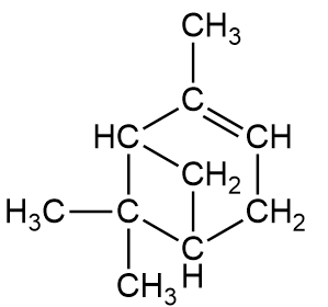 bilde av en alisyklisk broforbindelse der de to karbonatomene som er brohoder er bundet sammen med en bro som har en lengde på tre karbonatomer, og to broer som har en lengde på ett karbonatom. i tillegg har karbonatom to en metylgruppe og karbonatom seks har to metylgrupper. det er en dobbeltbinding mellom karbonatom to og tre