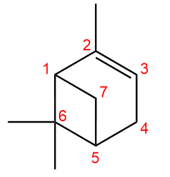 bilde av atomnummereringen til 2,6,6-trimetylbisyklo[3.1.1]hept-2-en