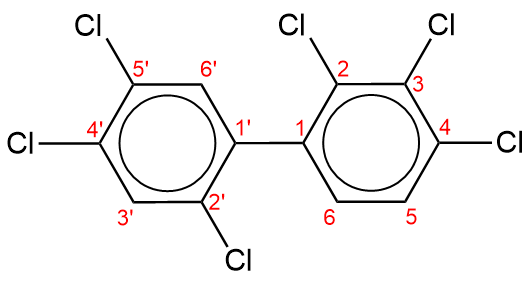 bilde av to benzenringer bundet sammen med en enkeltbinding. den ene benzenringen har et kloratom bundet til det andre, tredje og fjerde karbonatomet, mens den andre benzenringen kar et kloratom bundet til det, andre, fjerde og femte karbonatomet