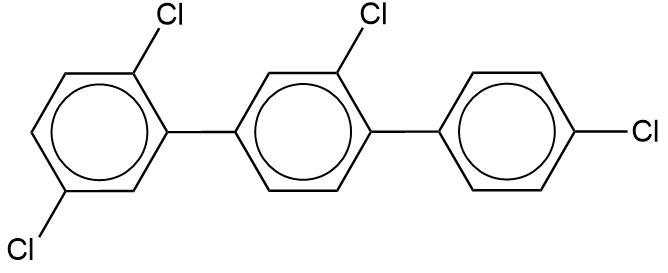 Bilde av tre benzenringer bundet sammen med enkeltbindinger. benzenringen lengst til ventre har et kloratom på det andre og femte karbonatomet. den andre benzenringen har et kloratom på det tredje karbonatomet. den tredje benzenringen har et karbonatom på det fjerde karbonatomet. den midterste benzenringen er bundet til de andre benzenringene på det første og fjerde karbonatomet sitt.