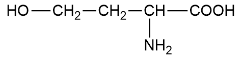 Bilde av struturformel for homoserin. det er satt inn et ekstra karbonatom i hovedkjeden, så hydroksylgruppen er på det fjerde karbonatomet og det er fire karbonatomer i hovedkjeden