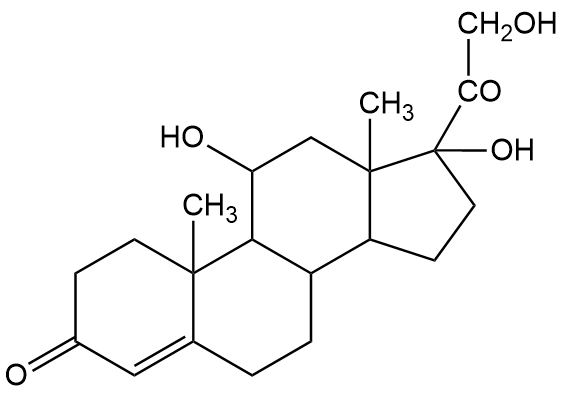 Bilde av strukturformelen for hydrokortison, der oksygenatomet som var dobbeltbundet til karbonatom elleve er erstattet med en hydroksylgruppe, så du får inn et ekstra hydrogenatom