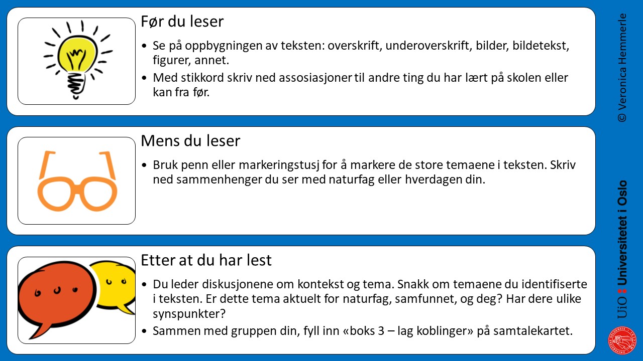 Rollekort til kobler med blå bakgrunn. Lyspære ved siden av "før du leser" leseoppdrag. Briller ved siden av "mens du leser" leseoppdrag. Taleboble med "etter at du har lest" leseoppdrag.
