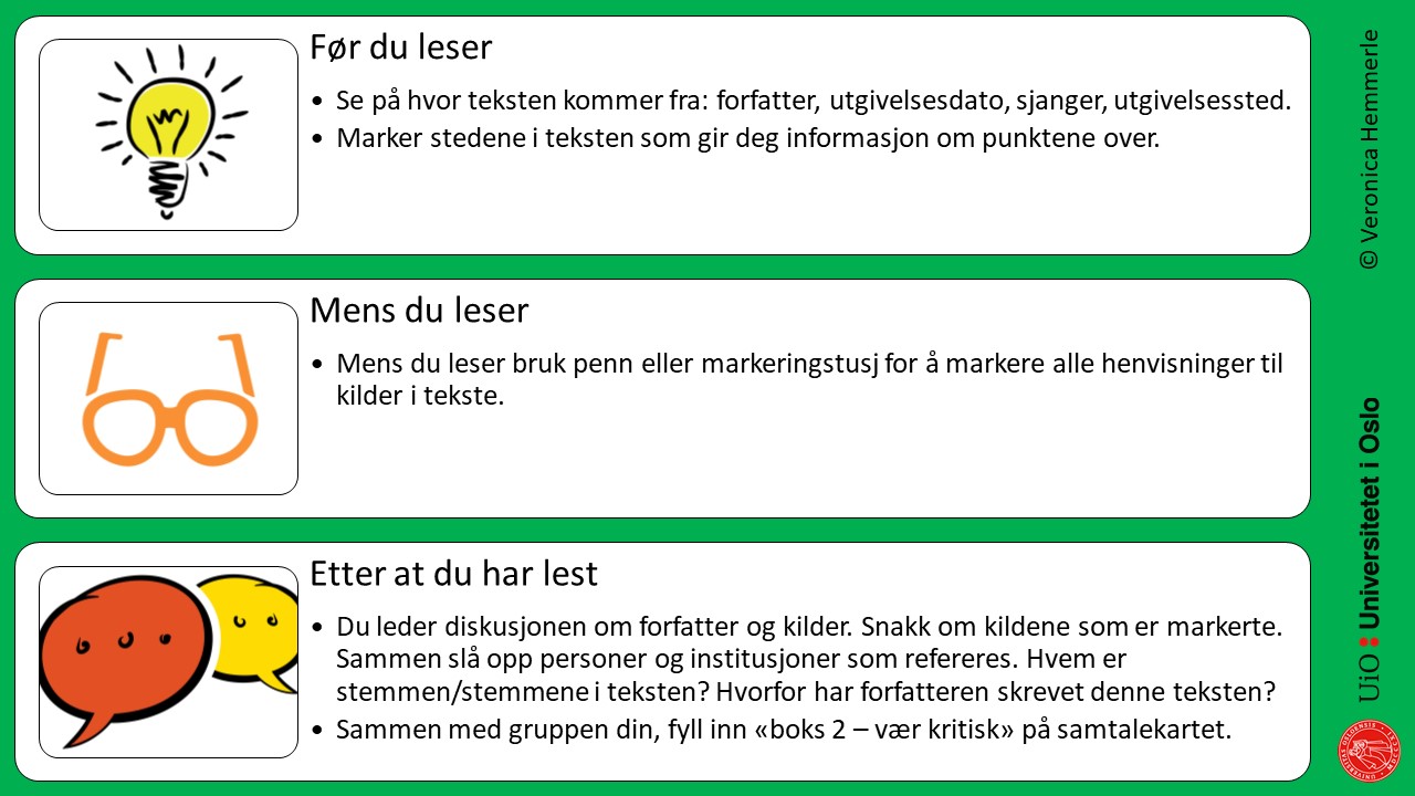 Rollekort til kritiker med grønn bakgrunn. Lyspære ved siden av "før du leser" leseoppdrag. Briller ved siden av "mens du leser" leseoppdrag. Taleboble med "etter at du har lest" leseoppdrag.