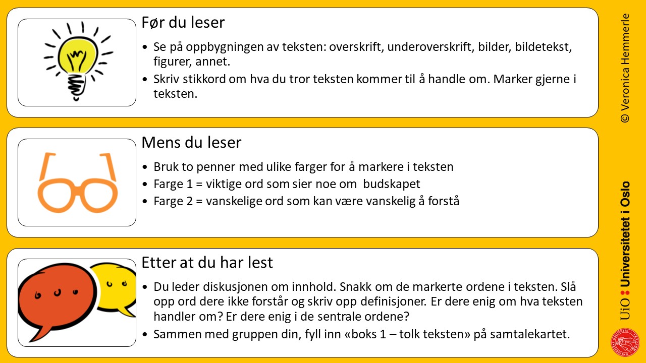 Rollekort til tolk med gul bakgrunn. Lyspære ved siden av "før du leser" leseoppdrag. Briller ved siden av "mens du leser" leseoppdrag. Taleboble med "etter at du har lest" leseoppdrag.