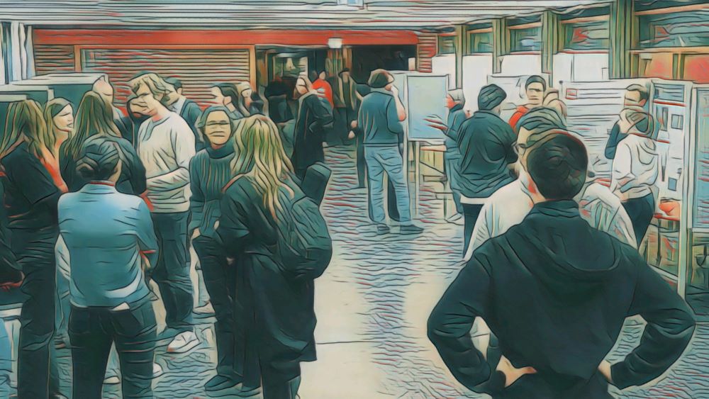 Illustrasjon av mastertorg ved Kjemisk institutt hvor bachelorstudenter snakker med masterstudenter og forskere/ansatte om mulige masterprosjekter. 