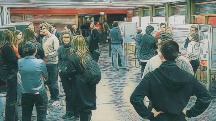 Illustrasjon av mastertorg ved Kjemisk institutt hvor bachelorstudenter snakker med masterstudenter og forskere/ansatte om mulige masterprosjekter. 