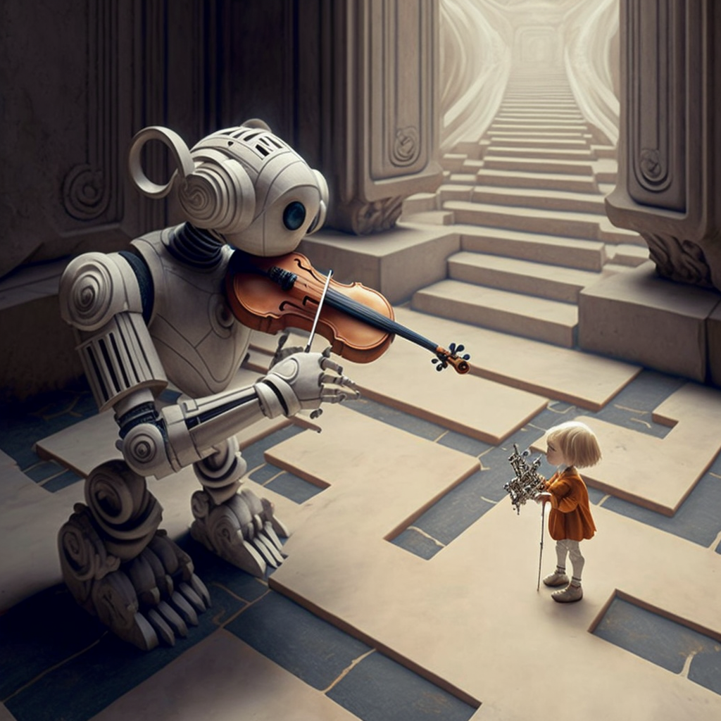 Bildet viser en robot som lærer et barn å spille fiolin inne i en labyrint