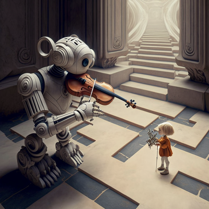 Bildet viser en robot som l?rer et barn ? spille fiolin inne i en labyrint