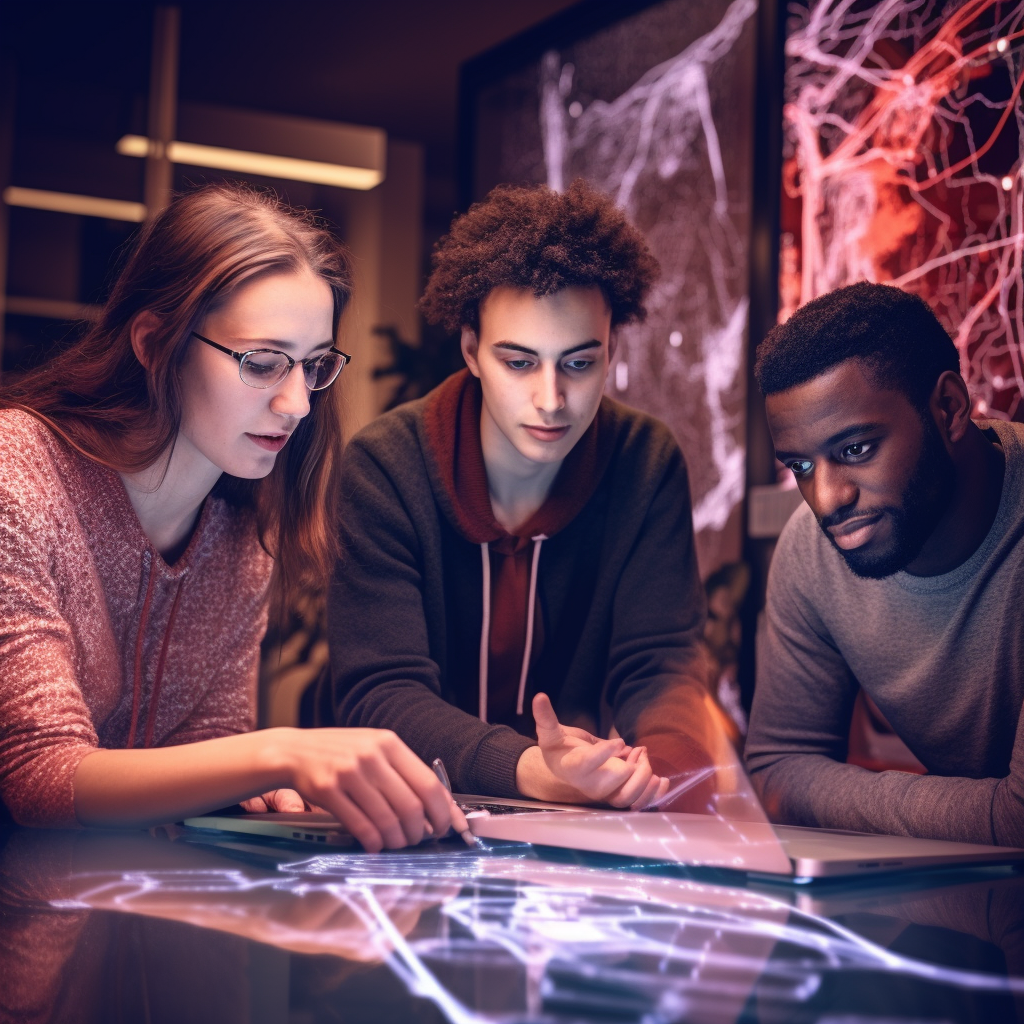 Bilde med tre studenter som diskuterer en problemstilling omgitt av en kunstig og abstrakt intelligens