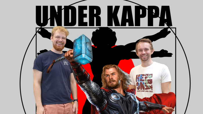 Under Kappa-logo med bilde av Vidar og Even, samt en illustrasjon av superhelten Thor. 