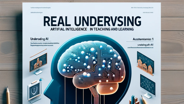 Plakat for 'REAL undervisning - Kunstig intelligens i undervisning og l?ring', med et moderne design som kombinerer AI-symbolikk og utdanningselementer. 
