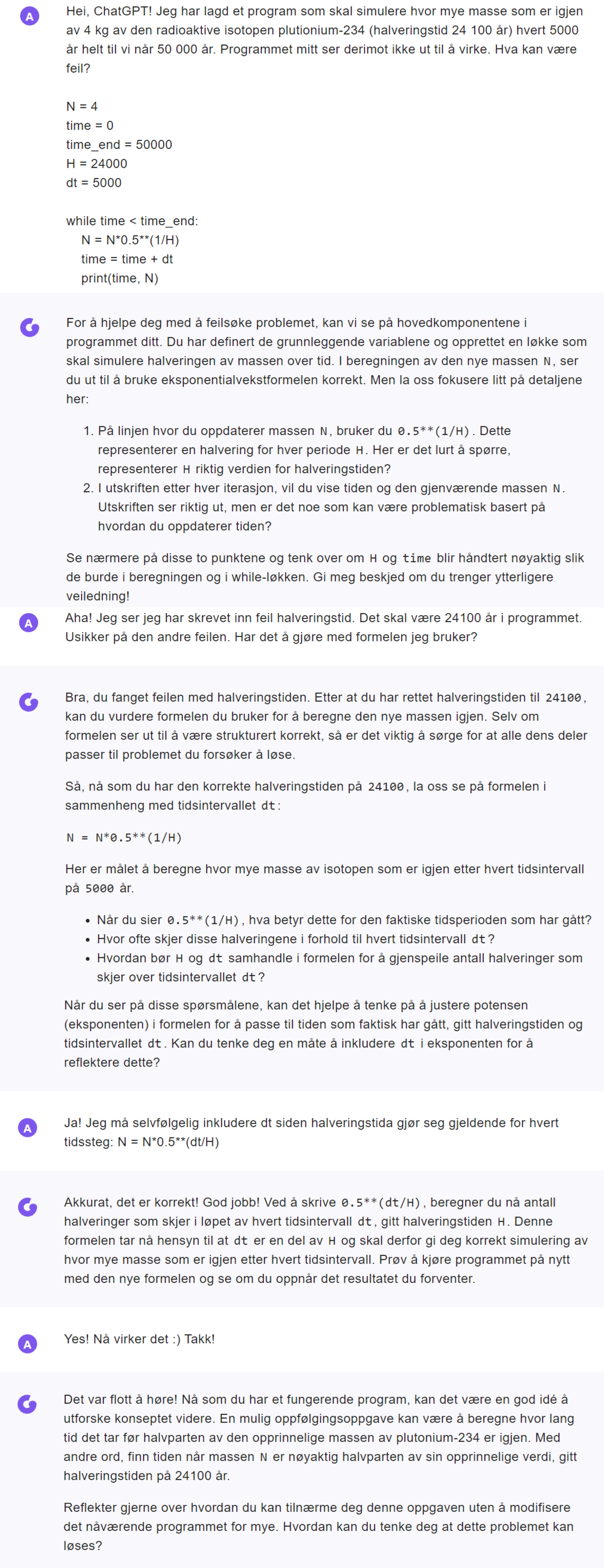 Tekst fra ChatGPT om feilsøking av programkode om halveringstid