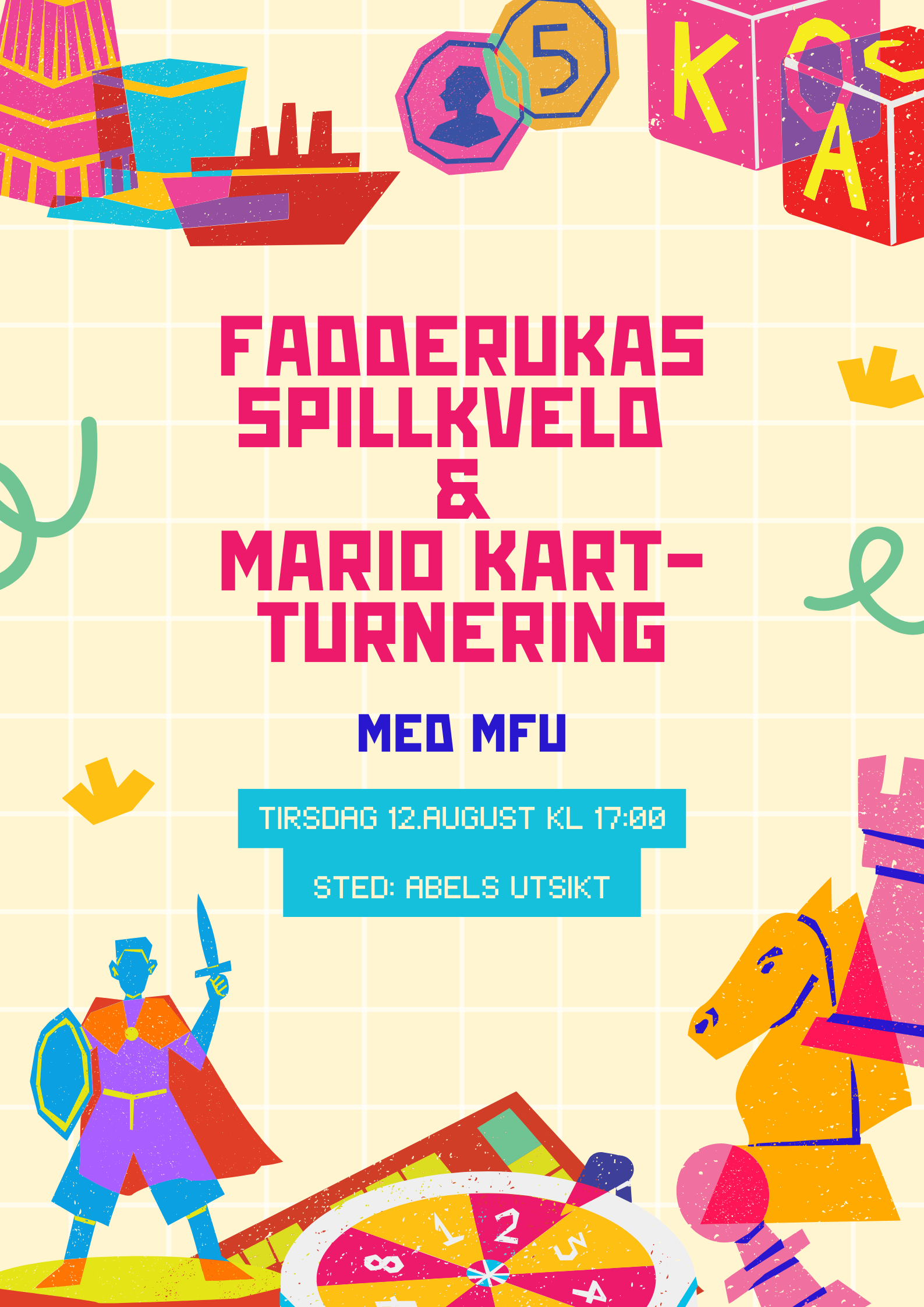 Plakat for arrangementet med fargerike spillfigurer og detaljer rundt tid, sted og annet.