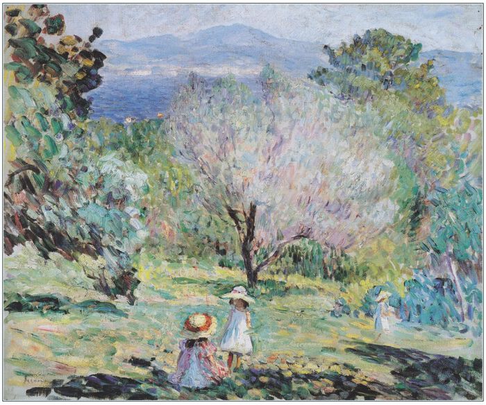 Et bilde sammensatt av to bilder: Til venstre er Henri Lebasque's maleri 'Piker i middelhavslandskap' fra 1907, til høyre er avbildet forsiden til doktorgraden til Henri Lebesque.