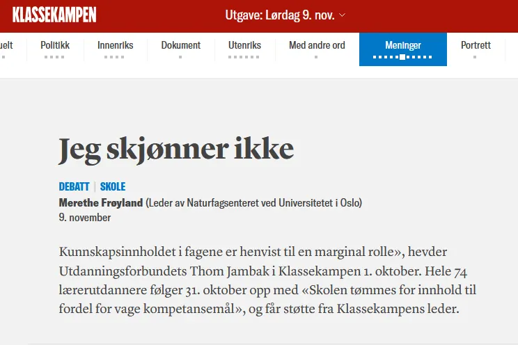 Skjermdump av innlegget fra Klassekampen