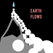 Black background with white circles and grey shape symbolizing a mountain with a blue drop on the top of it. Earth flows is written next to it in pink letters.  