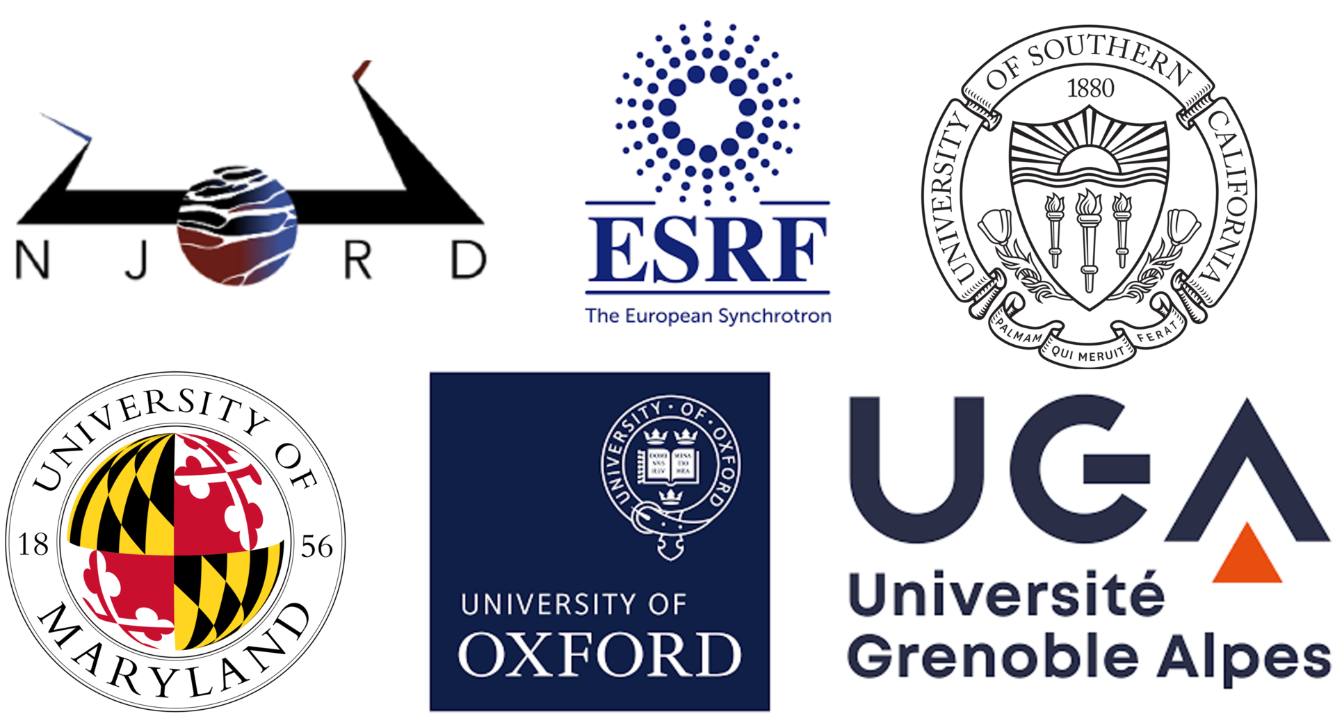 Top row. From the left: the Njord Center's logo, the European Synchotron Radiation Facility logo, and the University of Southern California logo. Bottom row. From the left shows the University of Maryland logo, the Oxford University logo, and the University of Grenoble Alpes logo.