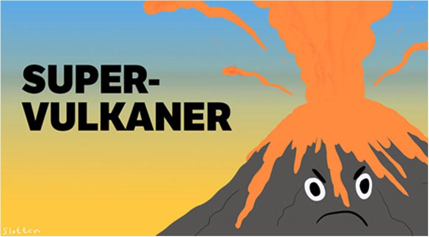 An illustration of volcano showing gray volcano with eyes and mouth expressing angry face, ejecting out orange lava. The background is half blue (top) and yellow (bottom) with 'supervulkaner' written on the left side of the volcano. 