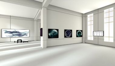 A virtual gallery room with five images visible on the white walls.
