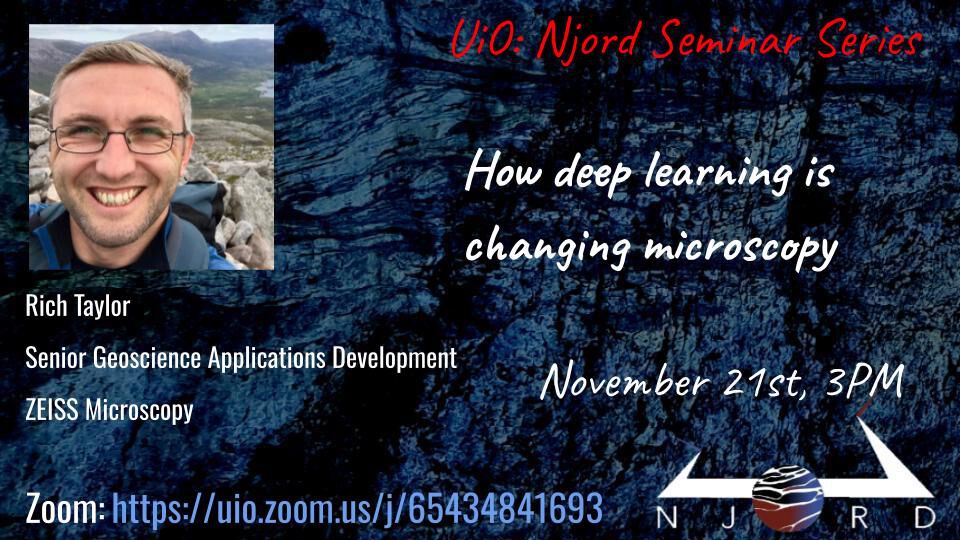 A poster for a Njord seminar showing presenter, title, date, Njord seal, and Zoom link. 