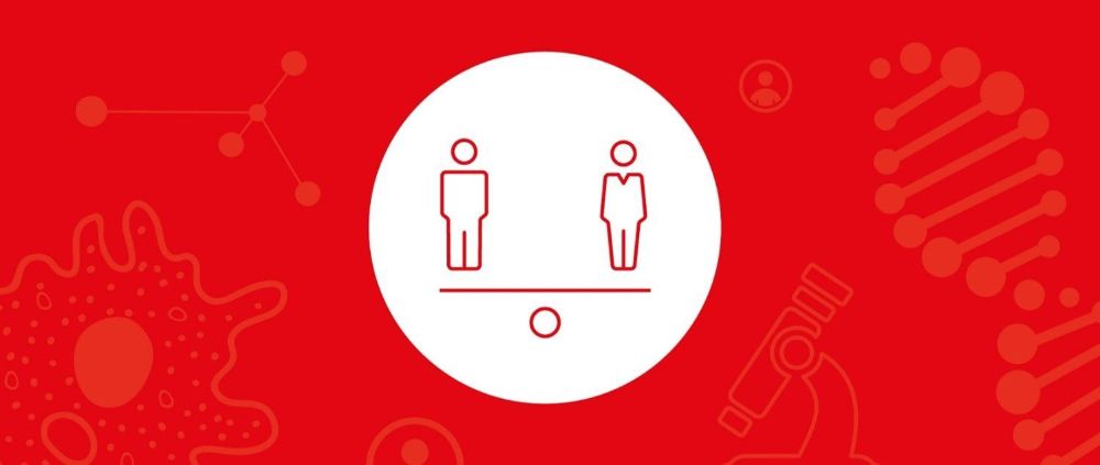 Bilde inneholder logoen til FRONT-prosjektet. Rødt og hvitt bilde med to mennesker som står på vektskål