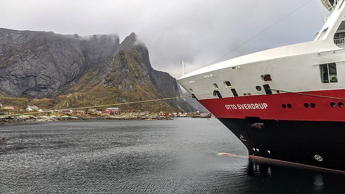 The ship&amp;#160;MS Otto Sverdrup&amp;#160;is named after a sailor and explorer in the Arctic. Here we see the ship in Reine, Lofoten.