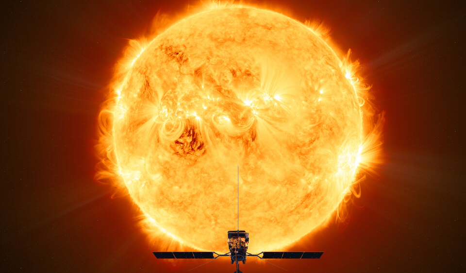 Illustration of the spacecraft Solar Orbiter in front of the Sun
