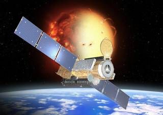 Hinode Spacecraft with a view to the sun