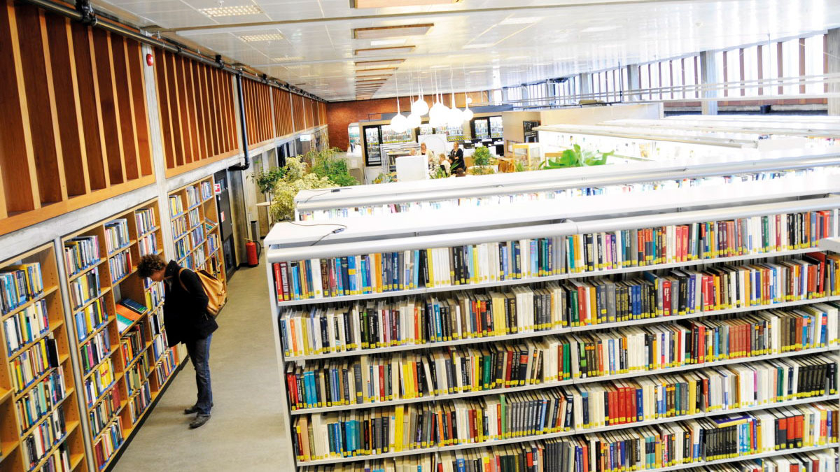 Realfagsbiblioteket med bokhyller og student