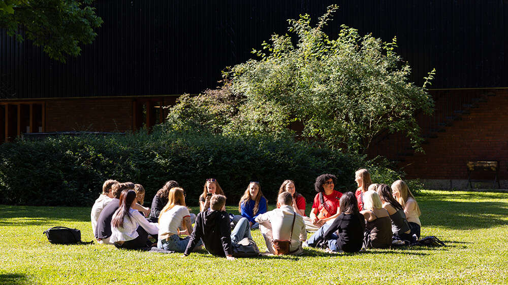 A group of students sitting in a circle on the grass in the evening sun.