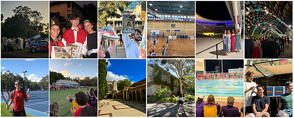 Foto; Et collage som viser flere bilder fra campus og ulike aktiviteter ved universitetet, som innsamlingsaksjonene «Prosh» og «Worlds Greatest Shave», sport og galla, i regi av universitetet og colleget. Foto: Karoline Øie Olsen