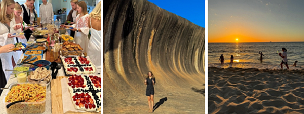 Foto: Skikkelig 17. Mai frokost i Perth, imponerende Wave Rock i Hyden og en av mange nydelige solnedganger sett fra Swanbourne Beach. Foto: Karoline Øie Olsen